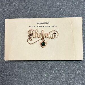12 KT Handmade Rolled Gold Plate Name Brooch with Emerald Birthstone Heart Charm